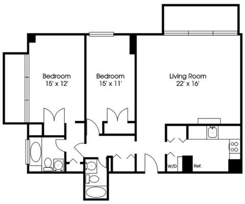 Floor plan for 2 beds, 2 baths, 1097 sqft